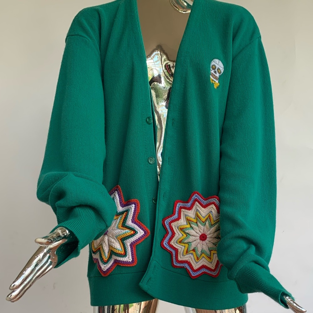 Green jantzen vintage skull up-cycled cardigan